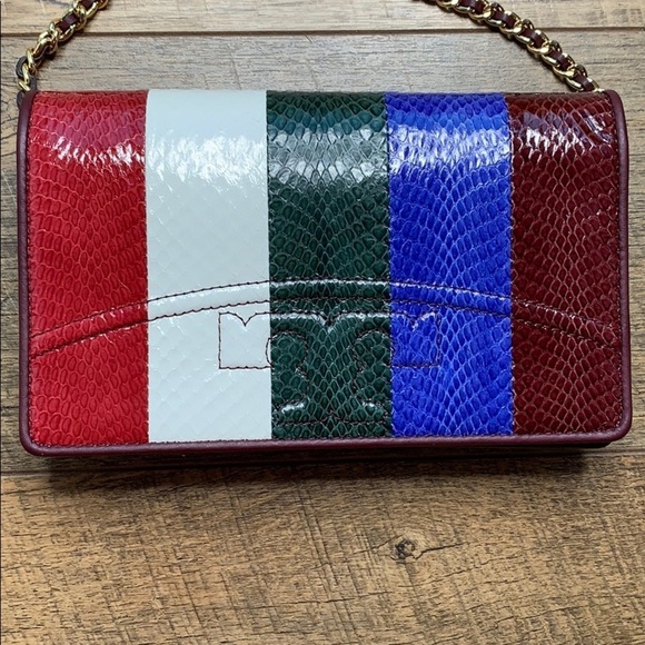 Tory Burch Leather Savannah Striped Chain Flat Wallet Crossbody Bag - Picture 3 of 9